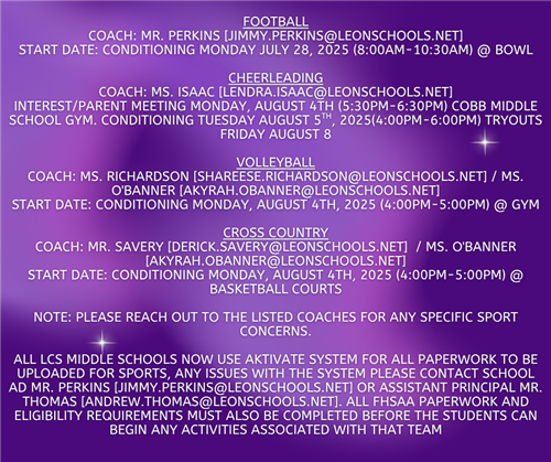 Info about football, cheerleading, volleyball, and cross country